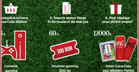 Câștigă PS5 Slim, vouchere gaming, stickere Panini, doze Coca-Cola